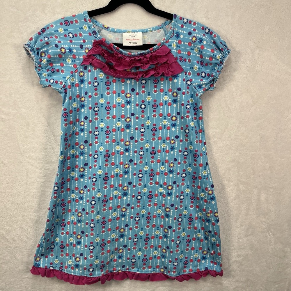 Hanna Andersson Geometric Ruffle Dress Girls 6x-7 Coastal Summer Cotton